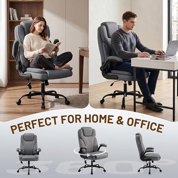 Ergonomic Office Chair, PU Leather High Back Executive Chair with Adjustable Inflatable Lumbar Support and Padded Flip-Up Arms, Recline Swivel Task Computer Chair for Home Office, Gray - Image 11