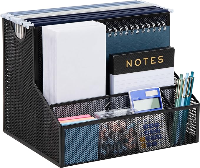 Mind Reader Desktop Organizer with Hanging File Storage, 4 Compartment Letter Size File Holder, Metal Mesh Desk Organizer for Office and Home, Black by MindReader