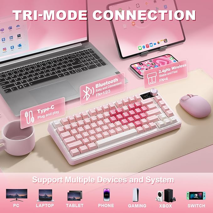 YUNZII B75 PRO MAX 75% Mechanical Keyboard (Pink Heart, Cocoa V2) | QMK/VIA, Wireless Keyboard with Screen and Knob, Custom Hot Swap, Gasket Mount, Creamy Switches, RGB for Gaming/Win/Mac - Image 3
