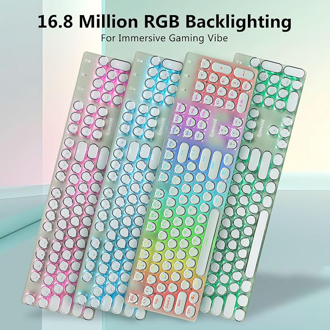 Redragon K710 Wireless Typewriter Mechanical Gaming Keyboard, Green | Bluetooth/2.4Ghz/Wired, RGB Led Backlit, Blue Switch - Clicky, Rechargeable 4000mAh, Solid Metal Panel, Round Keycaps - Image 3