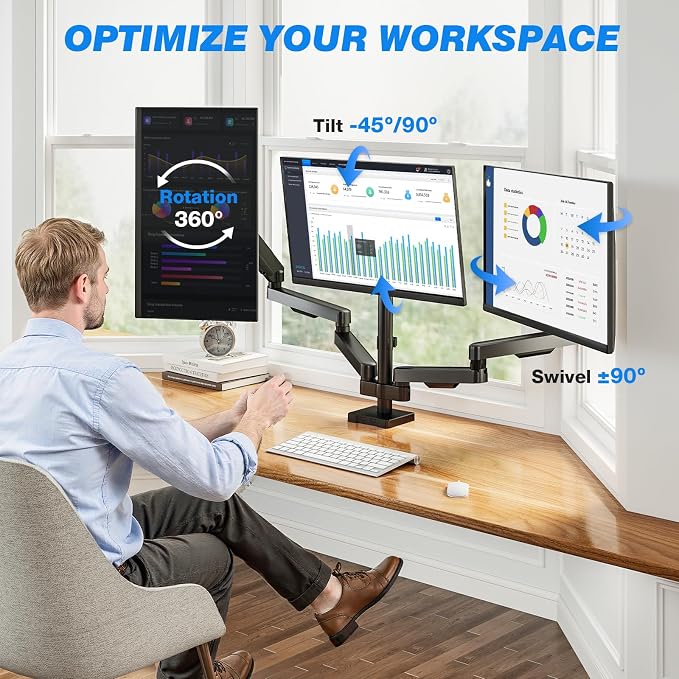 Rfiver Triple Monitor Arm Desk Mount for 17-32" Screens, VESA 75/100mm | Holds up to 19.8lbs per Arm, Full Motion Tilt, Swivel, 360 Rotation, Extra Tall Pole, C-clamp/Grommet Base - Image 7