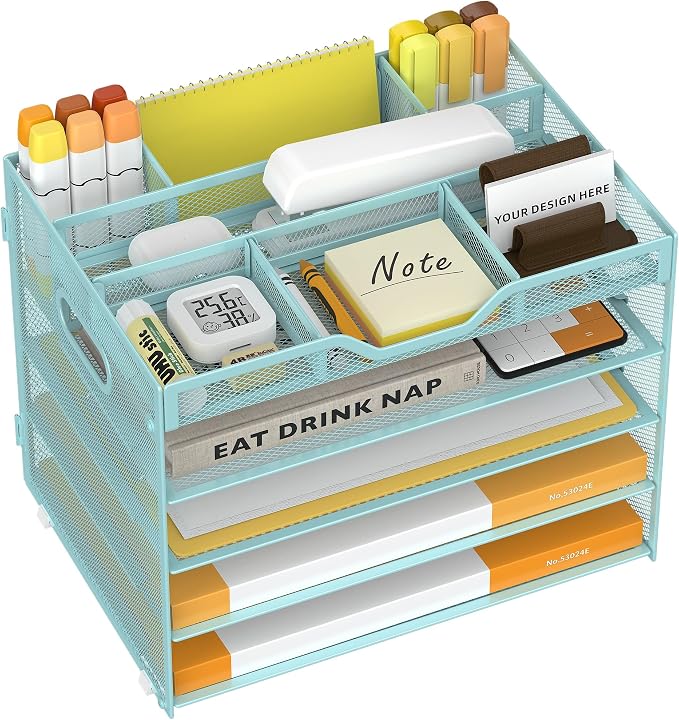 5 Tier Paper Letter Tray Desk Organizer with Pen Holders - Blue | Features 3 pen holders and 4 removable dividers.Versatile mesh desktop storage for mail, document,office supplie by OrgMate