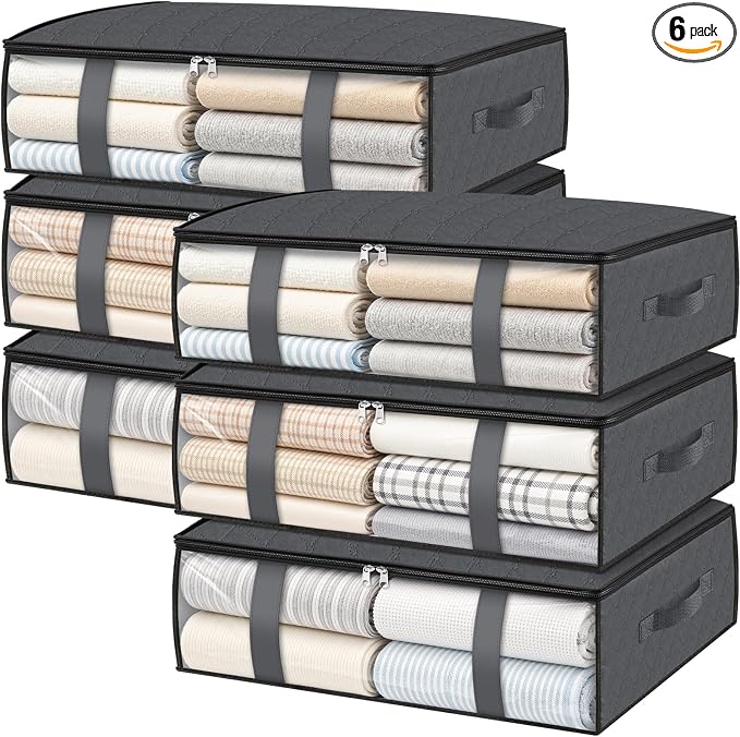 StorageRight Under Bed Storage Bags, 6 Pack, 40L, Gray | Breathable Non-Woven Fabric with a Clear Window and Zippered Top for Clothes, Comforters, Blankets and Seasonal Storage by StorageRight