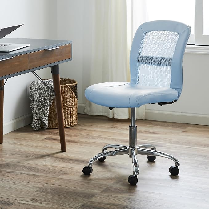 Serta Armless Small Home Desk Chair with Wheel, Ergonomic Mesh Office Chair | Essentials, Leather & Foam Cushioned Seat, Adjustable Height, Vanity Chair for Bedroom & Small Space, 360° Swivel, Sky Blue - Image 2