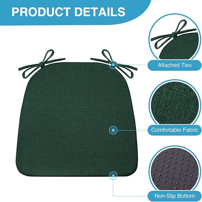 IASEAHK Chair Cushions for Dining Chairs Set of 6, Non Slip Kitchen Chair Pads, 17" x 16" x 2", Indoor Dining Chair Cushions with Ties, D-Shaped Seat Cushions for Kitchen Chairs, Dark Green - Image 2