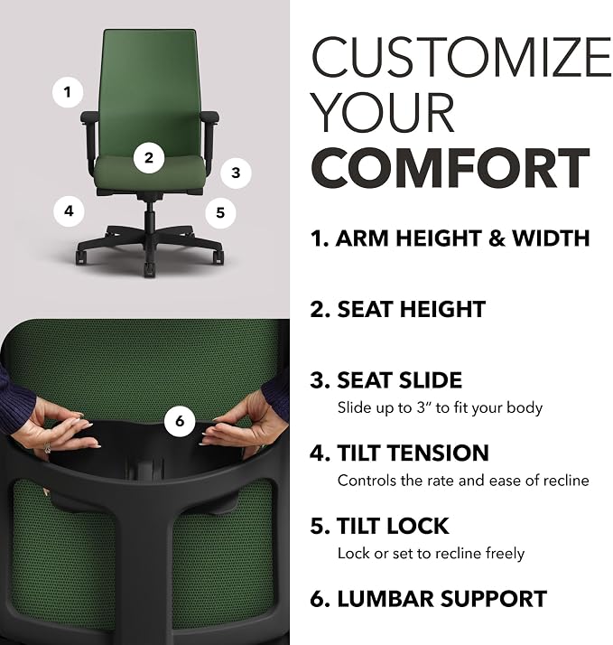 HON Ignition 2.0 Ergonomic Office Chair, Lumbar Support, Desk Chair, Leaf | Ergonomic office desk chair with lumbar support, adjustable arms, office decor, workstation comfort for focused productivity - Image 3