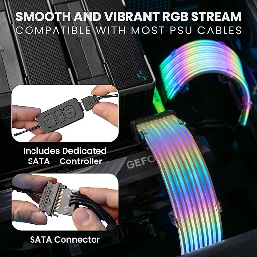 TECWARE Flex RGB Cable Cover Kit | Compatible with 24-Pin Motherboard and 8-Pin/16-Pin GPU | ARGB PSU Cable Extension with 5V 3-Pin Sync | RGB Lighting Kit for PC Cables | Black - Image 7
