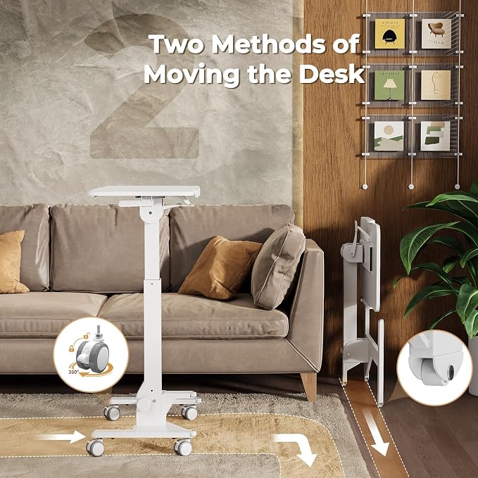 JOY worker Foldable Mobile Standing Desk on Wheels, 180° Tilt Bedside Table | Height Adjustable, 31.5" White MDF Board with Lips, Collapsible Top & Base for Storage, Rolling Laptop Desk for Home Hospital - Image 5