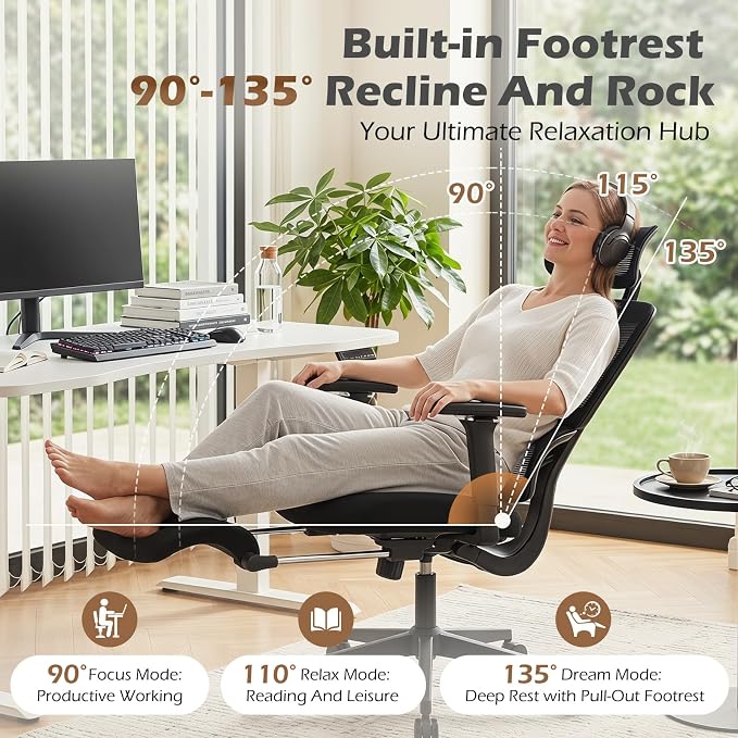 Ergonomic Office Chair with Footrest and Dynamic Lumbar Support, Black | Reclining high-back computer chair, memory foam seat, 4D armrests, 2D headrest, mesh desk chair for home office, long hours - Image 5