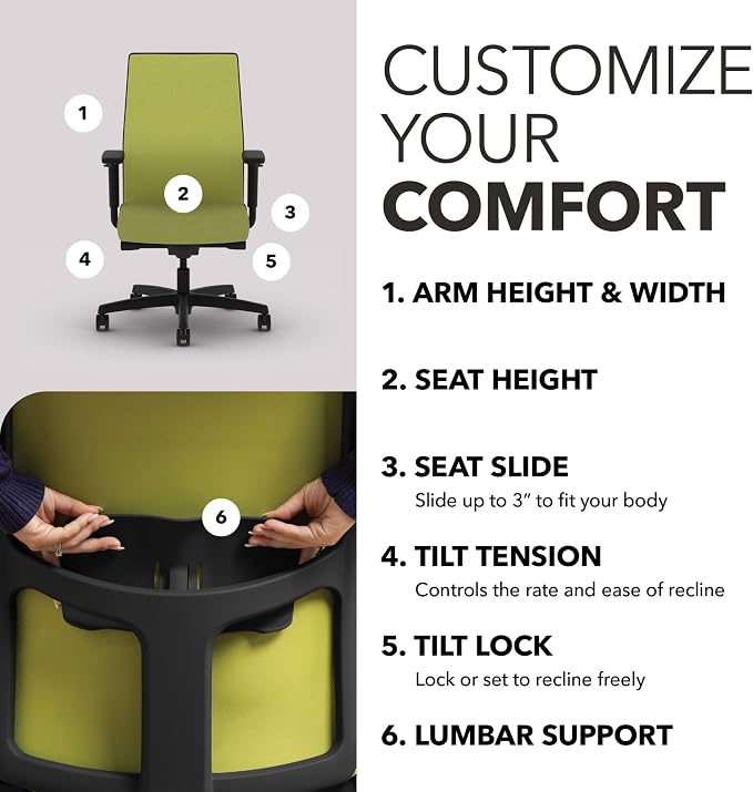 HON Ignition 2.0 Ergonomic Office Chair, Lumbar Support, Desk Chair, Pear | Ergonomic office desk chair with lumbar support, adjustable arms, office decor, workstation comfort for focused productivity - Image 3