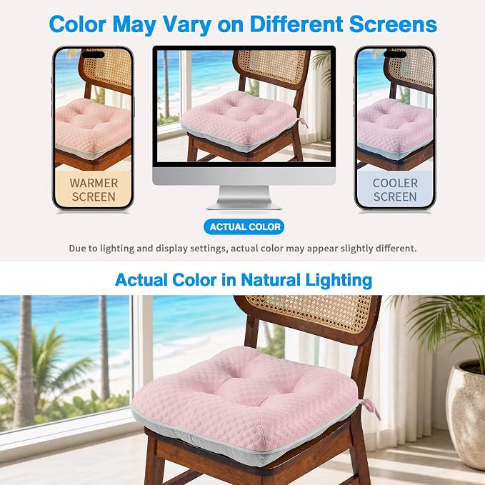 BETU Cooling Chair Cushions Set of 4, 3.5” Thick Seat Cushions, Breathable Comfort Fabric Chair Pads with Non Slip Bottom & Ties, Soft Support Cushion for Kitchen, Office, Patio,15.5"X15.5"X3.5"Pink - Image 8