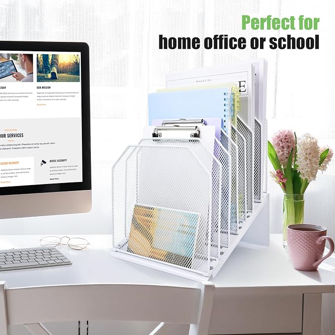 SUMMORO Inclined File Organizer for Desk, 7-Section Vertical File Holder | Office Desk Organizer Metal Rack File Folder, Wire Mesh Desktop Document Sorter, for Office School Classroom Home (White) - Image 2