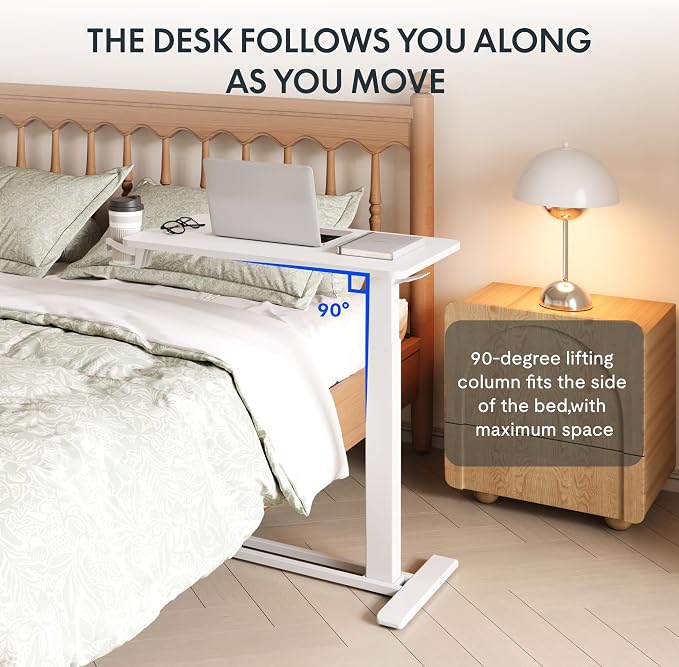 FLEXISPOT H7 28" Pneumatic Height-Adjustable Overbed Table with Wheels | C-shaped bedside table,Medical End Table,Rolling Cart TV Tray,Laptop desk for Hospital Home office use,27.6"Wx15.7"D,White - Image 10