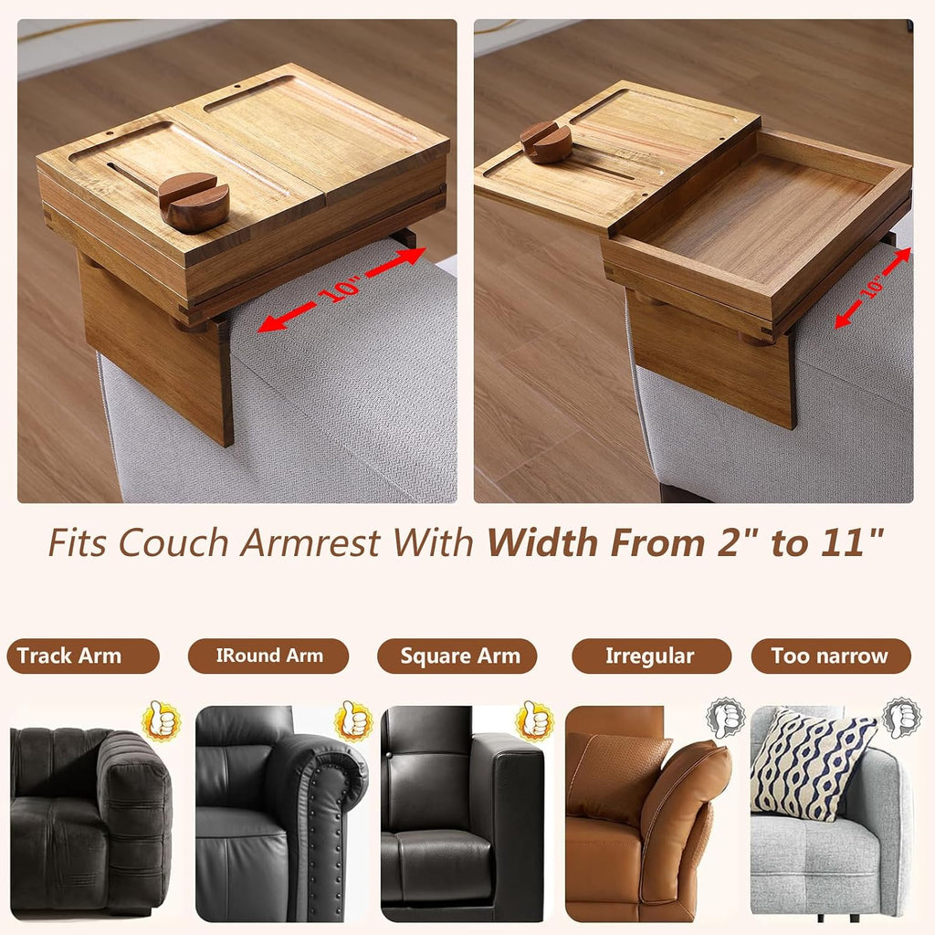 Acacia Wood Couch Arm Tray, 13.4 x 10.3 x 9.5 inches - Image 2