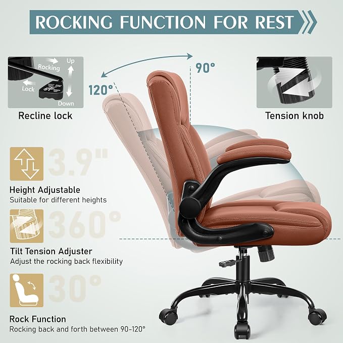 Leather Office Chair with Ergonomic Back Support | Computer Chair with Adjustable Armrests and 360° Swivel Wheels for Home office and Short people - Image 6