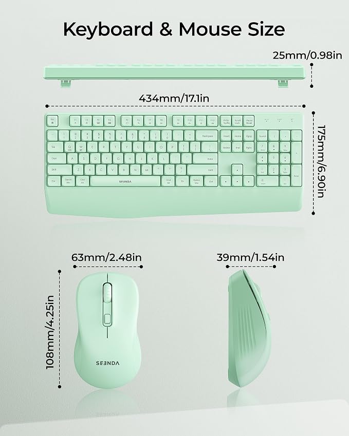 seenda Wireless Bluetooth Ergonomic Keyboard Mouse Combo, Full Size, Green | USB/Bluetooth multi-device switching, with wrist rest, number pad, and quiet operation for PC, laptop, Mac, MacBook, and iPad - Image 6