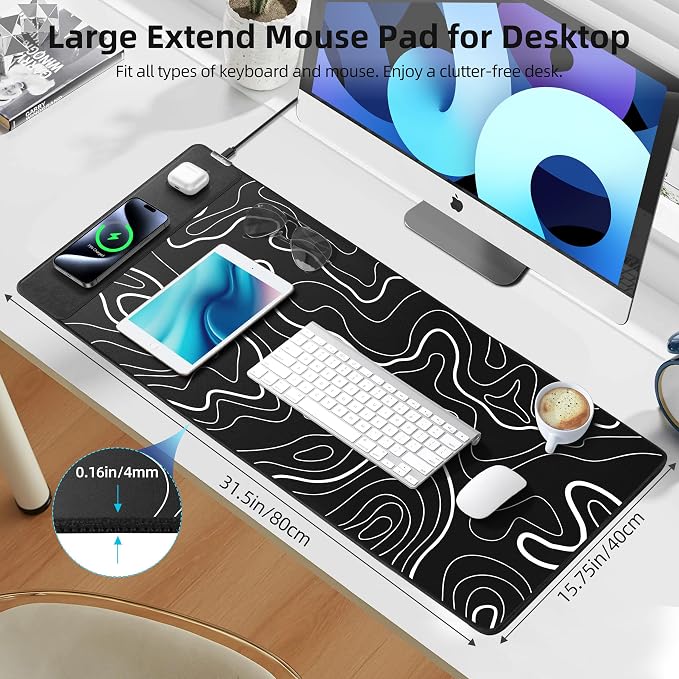 Magnetic Wireless Charging Mouse Pad, 31.5"x15.8" XXL Desk Mat | Gaming Mousepad, Ultra-Smooth Surface, Non-Slip Rubber Base, Waterproof Computer Keyboard Pad, Black and Topographic Line - Image 4