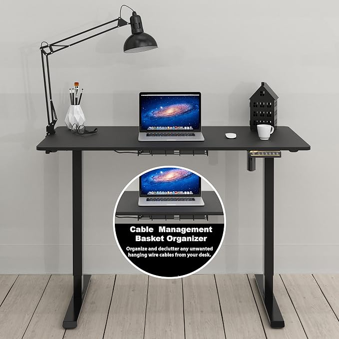 SHW 48-Inch Electric Height Adjustable Sit to Stand Desk, Black | with Hanging Hooks and Cable Management, Black Frame and Black Top - Image 6