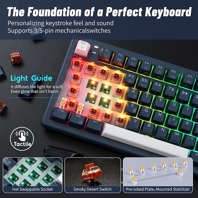 Hexgears E4Pro Wireless Creamy Mechanical Keyboard with Number Pad, Hot Swappable Custom Keyboard with Wrist Rest,Pre-lubed Tactile Switches,Gasket Structure,RGB Backlit Gaming Keyboard (Dark Blue) - Image 4