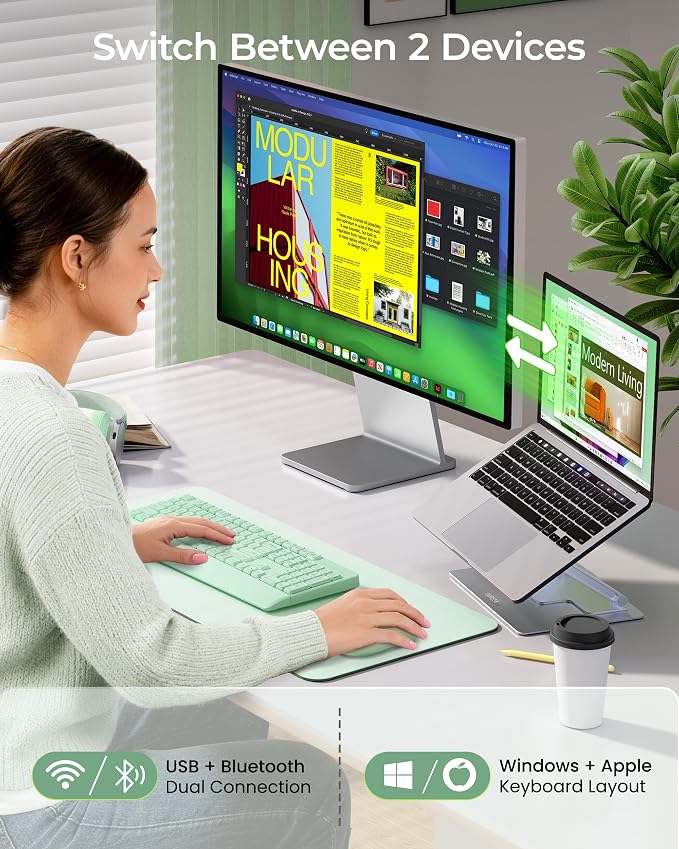 seenda Wireless Bluetooth Ergonomic Keyboard Mouse Combo, Full Size, Green | USB/Bluetooth multi-device switching, with wrist rest, number pad, and quiet operation for PC, laptop, Mac, MacBook, and iPad - Image 2