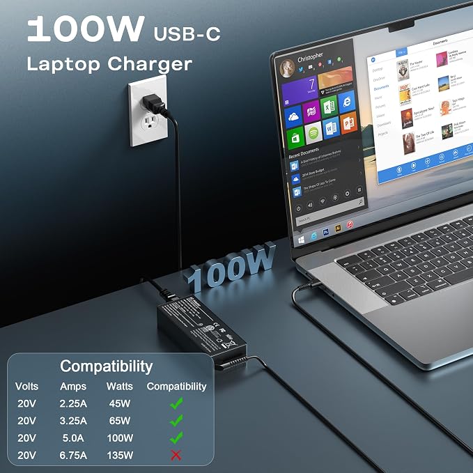 WZXHU 100W USB C Laptop Charger Compatible with Lenovo Thinkpad Yoga Chromebook, Mac Book Pro/Air 16 15 14 13 Inch, HP, Dell, Acer, Asus, Google Fast Type C Adapter Power Cord - Image 2