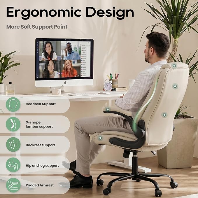 MALOL Leather Office Chair with Adjustable Lumbar Support Set of 2, Beige | Computer Desk Chair with Thick Cushion, Flip-Up Arms and Ergonomic Back, Comfy Executive Office Chair for Home Office Gaming - Image 6