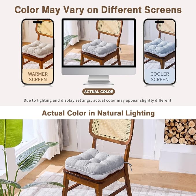 BETU Chair Cushions for Dining Chairs Set of 6,3.5" Thick Kitchen Table Chair Pads with Ties,Non Slip Backing and Covers, Seat Cushion for Dining Room,Bar,Patio Chairs,15.5"X15.5"X3.5",Light Grey - Image 5