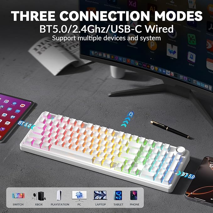 AULA F99 Pro Wireless Mechanical Keyboard-Silent Version,BT5.0/2.4GHz/USB-C Hot Swappable Custom Keyboard,Gasket Structure,Pre-lubed Linear Switches RGB Backlit Computer Gaming Keyboards,White - Image 3
