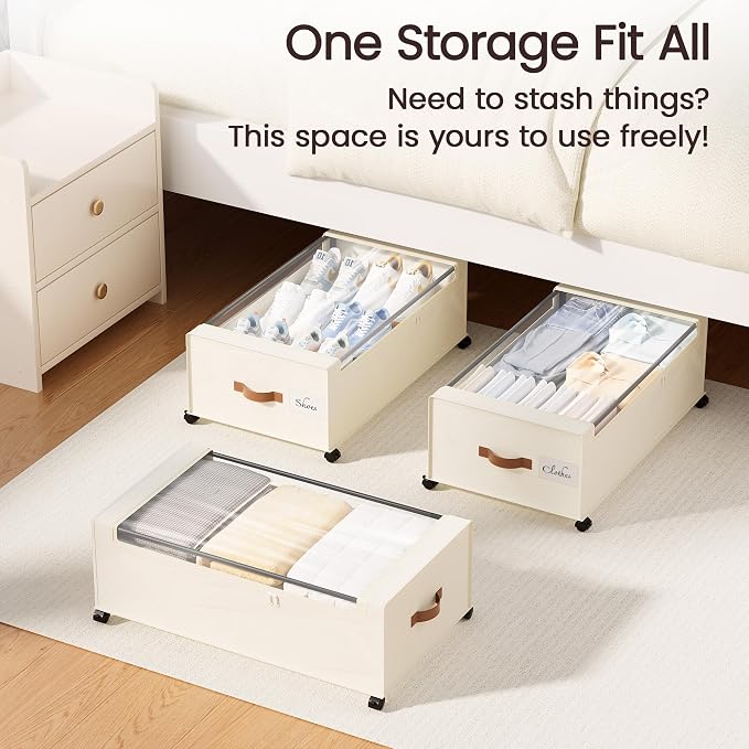Yecaye 95L Under Bed Storage Containers, Fits 11" Under Bed, 2 Pack, Beige | XXL Capacity, 360° Rolling Wheels, Sturdy Metal Frame, Clear Window & Label, Storage Bins for Clothes, Shoes, Blankets - Image 5