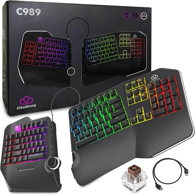 Cloud Nine C989M Ergonomic Mechanical Keyboard for PC - Kailh Tactile Brown Switches - RGB Light Up LED Backlit with USB - Ergo Split Key Board with Macro by CloudNine