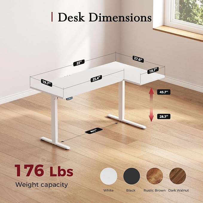 Klicelor L Shaped Standing Desk, 55 Inch Electric Height Adjustable Desk with Memory Preset, Reversible Sit Stand Up Computer Workstation for Home Office, Splice Board, White - Image 3
