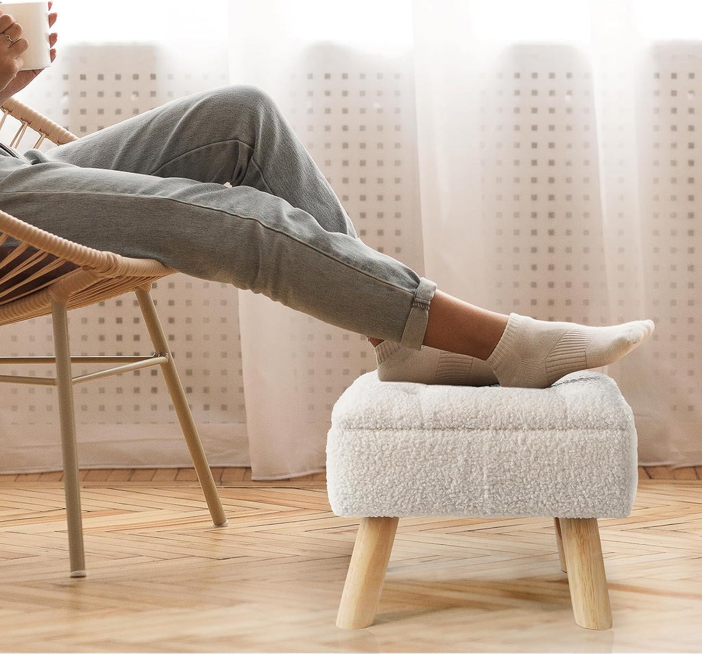 Storage Ottoman, Small Foot Stool Ottoman with Storage, Boucle Teddy Velvet Foot Rest with Padded Seat, Sturdy Wood Legs Stool for Living Room, Bedroom, Couch, Enterway (Cream) - Image 2