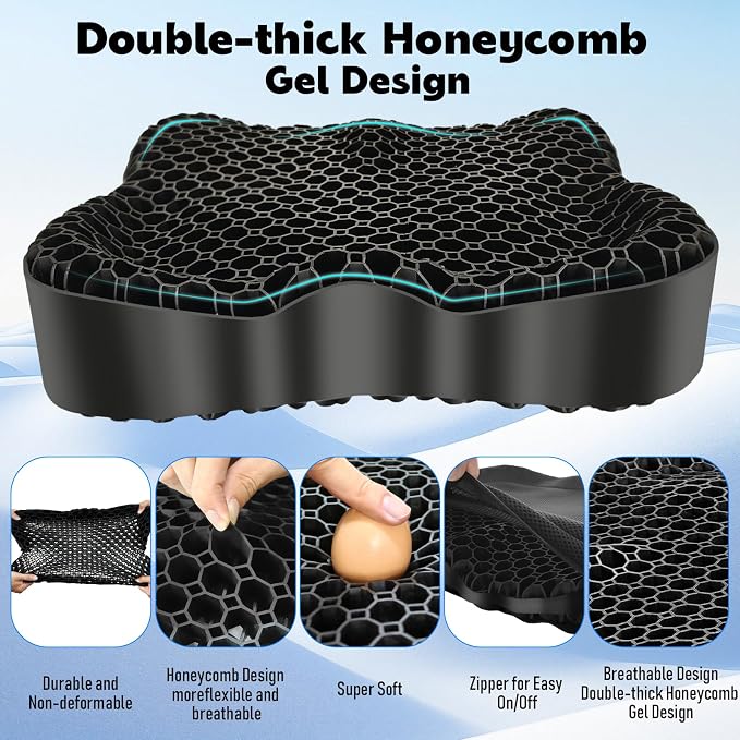 Gel Seat Cushion, Thickened Big Breathable Honeycomb Design Absorbs Pressure Points Gel Cushion with Anti-Slip Cover Seat Cushion for Office Chair Home Car Wheelchair Stadium Bleachers - Image 3
