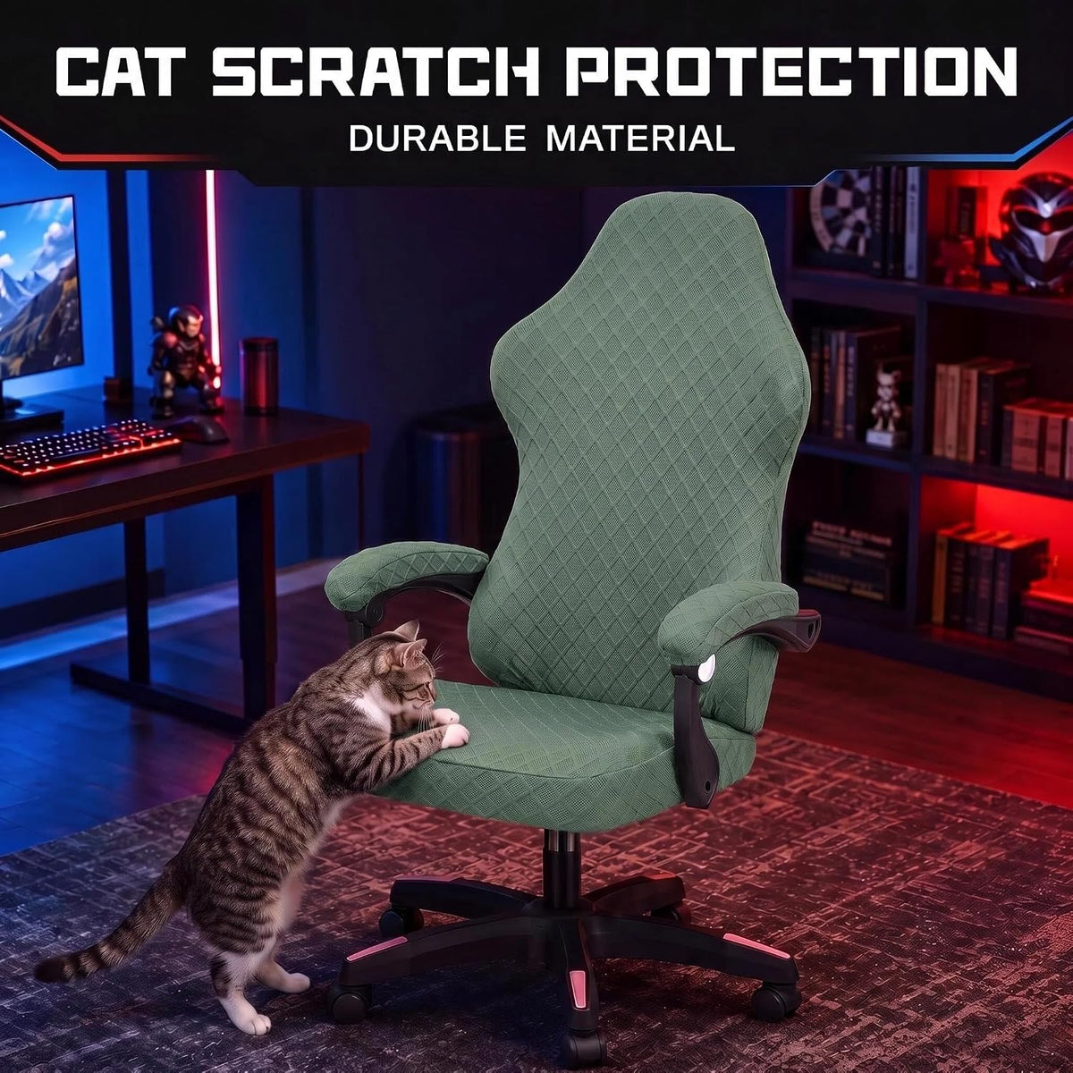 Gaming Chair Cover, 4-Piece Set Stretchy Jacquard Slipcover with Zipper & Straps for Reclining Racing Chair, Anti-Slip & Pet Scratch Resistant, Machine Washable, Sage Green - Image 3