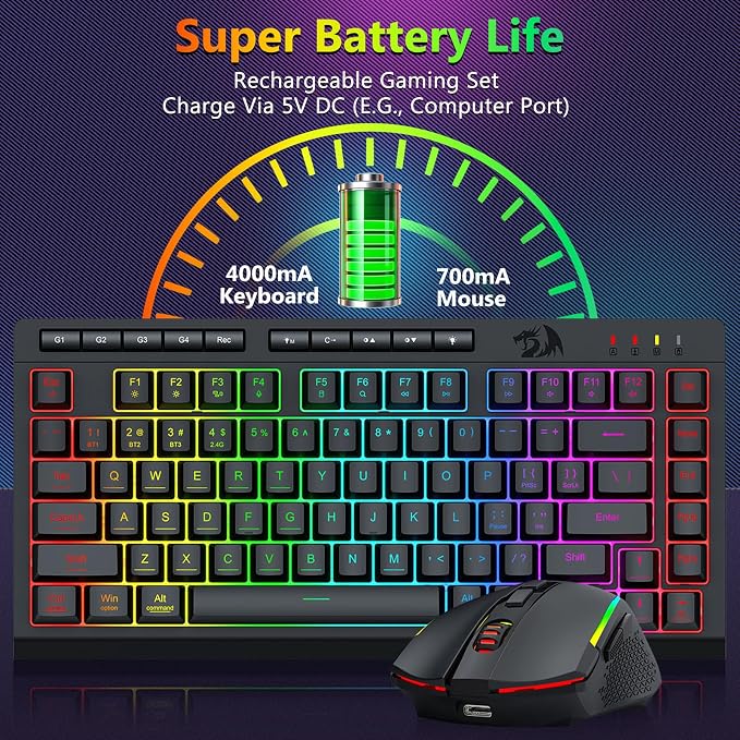 Redragon Wireless Gaming Keyboard and Mouse Combo, 75% Portable, Black | Bluetooth/2.4G/USB-C Wired, RGB Backlit, Quiet Rechargeable Macro Membrane Keyboard & 12800 DPI Mouse for Win/MAC - Image 6