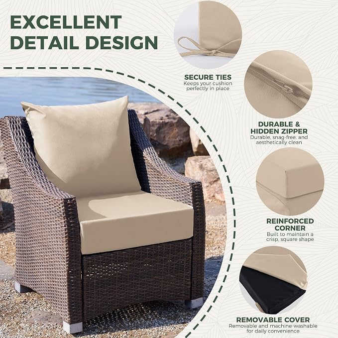 Outdoor Cushions for Patio Furniture, Outdoor Seat Cushion Set 24 x 24 x 5.75 in, Waterproof & Fade Resistant Outdoor Chair Cushions, Patio Chair Cushion with Removable Cover, Set of 4, Beige - Image 5