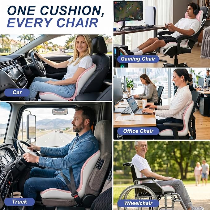 Seat Cushion for Office Chair and Car, Ergonomic Memory Foam Seat Cushion with Lumbar Support Pillow, Orthopedic Cushion for Sciatica & Back Pain, Pink & Light Gray - Image 8