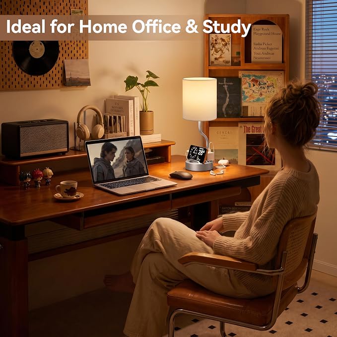 Bedside Lamp for Bedroom Set - 18" Grey Table Lamp for Nightstand | Phone Stand, USB A+C Ports, AC Outlet, 3 Color Temperatures, LED Bulb Included, Desk Lamp for Living Room/Dorm,2-Pack - Image 2