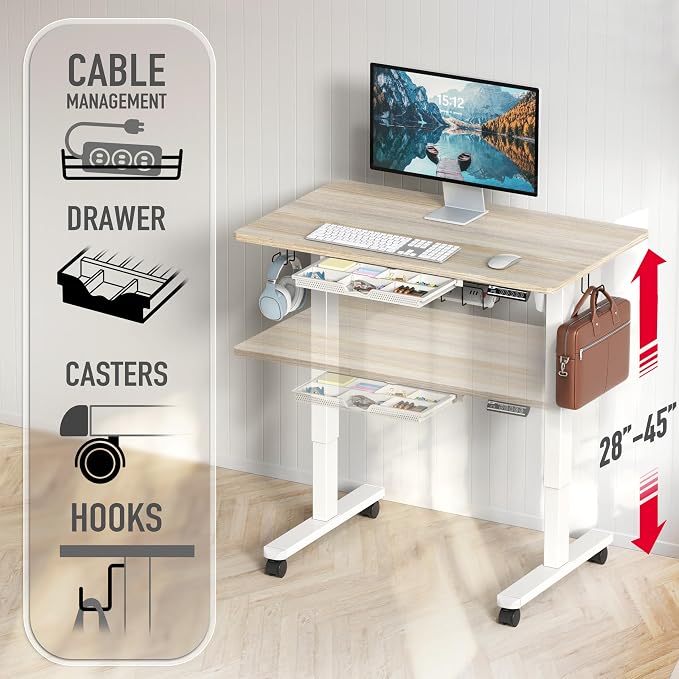 SHW Mobile Electric Height Adjustable Standing Desk w/Drawer, Maple | 40" Wide Top | w/ Memory Presets and Cable Management | Drawer with adjustable compartments | Hanging Hooks - Image 4