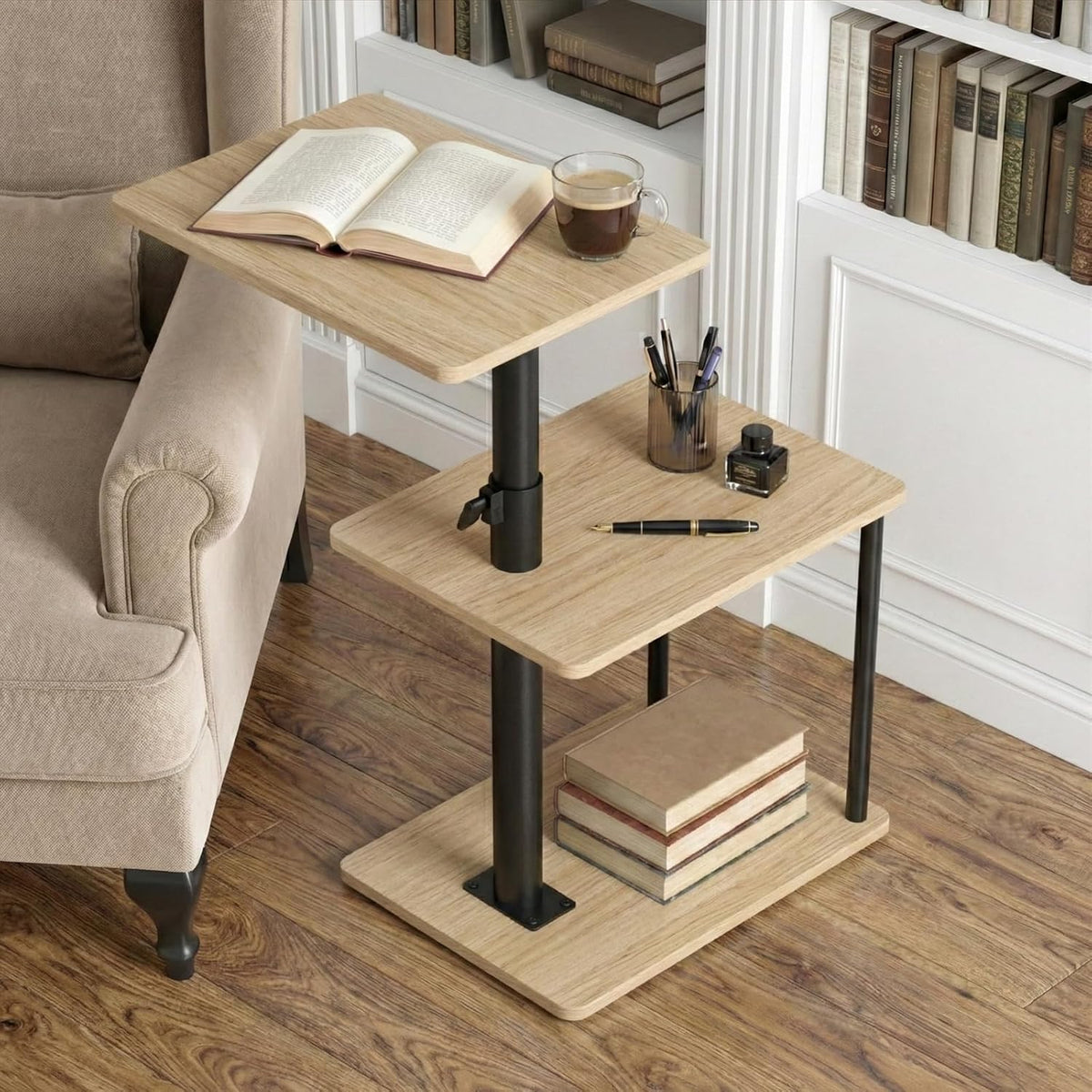360° Swivel Side Table for Height Adjustable, C Shaped End Table for Couch with Storage, 3-Tier Night Stand with Open Shelf, Tv Tray for Small Spaces, Living Room, Bedroom, Oak - Image 2