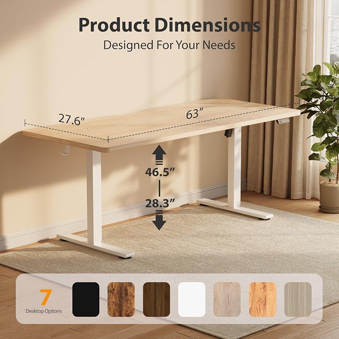 Cubiker Standing Desk, 63x28 Inches Sit Stand Home Office Desk, Electric Stand up Desk, Adjustable Desk with Splice Board, White Frame/Maple Top - Image 3