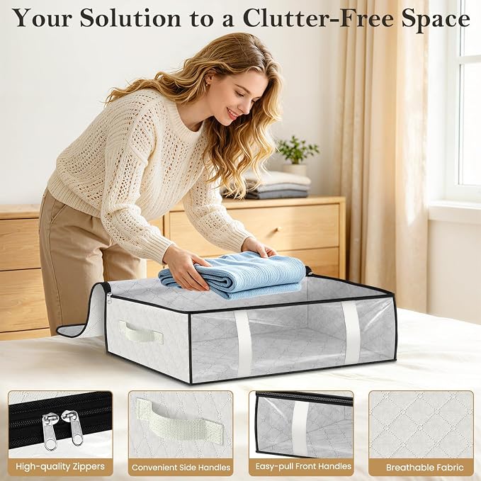 StorageRight Under Bed Storage Bags, 2 Pack, 40L, White | Breathable Non-Woven Fabric with a Clear Window and Zippered Top for Clothes, Comforters, Blankets and Seasonal Storage - Image 3
