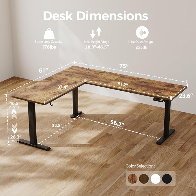 Agilestic L Shaped Standing Desk Adjustable Height, 75 Inch, Rustic Brown | Electric Height Adjustable, Spacious Corner Desktop, Sturdy Steel Frame, Memory Presets, 176 lbs, Splice Board - Image 2