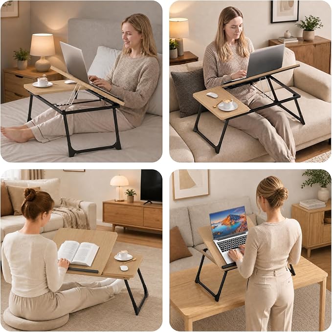 Laptop Bed Desk, 5-Angle Adjustable Bed Laptop Table with Cup Holder | Foldable Laptop Stand for Couch & Sofa, Portable Laptop Tray for Adults Writing Reading Eating, Walnut - Image 9