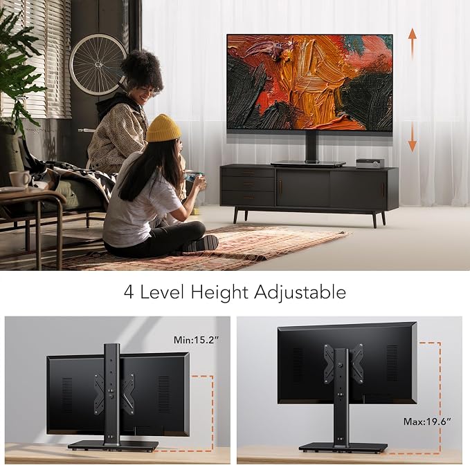 Universal Swivel TV/Table Top TV Stand for 19 to 43 inch TVs with 90 Degree Swivel, 4 Level Height Adjustable, Heavy Duty Tempered Glass Base, Holds up to 99LBS HT02B-001 - Image 4