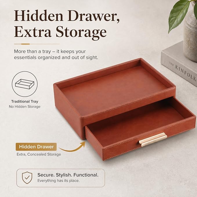 GORESE Leather Valet Tray with Drawer for Men, Nightstand Organizer, Brown | Vegan Leather, EDC Desk Organizer Tray for Jewelry Cologne Watch Wallet Key, Catchall Tray for Dresser Entryway Table Bedside - Image 4