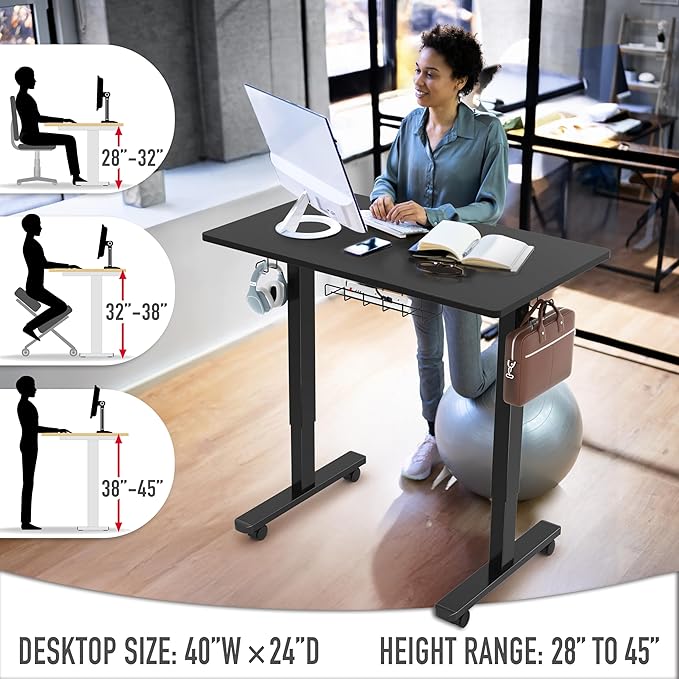SHW Mobile Electric Height Adjustable Standing Desk w/Drawer, Black | 40" Wide Top | w/ Memory Presets and Cable Management | Drawer with adjustable compartments | Hanging Hooks - Image 6