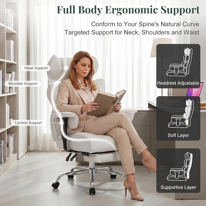 Big and Tall Office Chair 400 LBS, for Adults, Home Office | PU Leather, Executive Ergonomic Desk Chair with Footrest, Lumbar Support, Wide Seat ,Reclining, Adjustable Armrest, Beige - Image 4