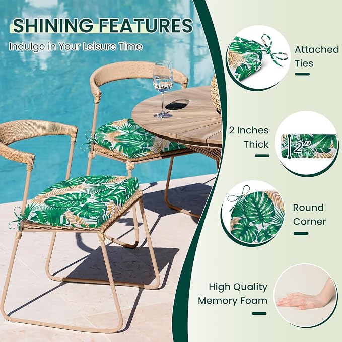 HARBOREST Outdoor Chair Cushions Set of 4, Water Resistant Patio Chair Cushions with Ties, Outdoor Seat Cushions for Patio Furniture, 17"x16"x2", Frond - Image 3