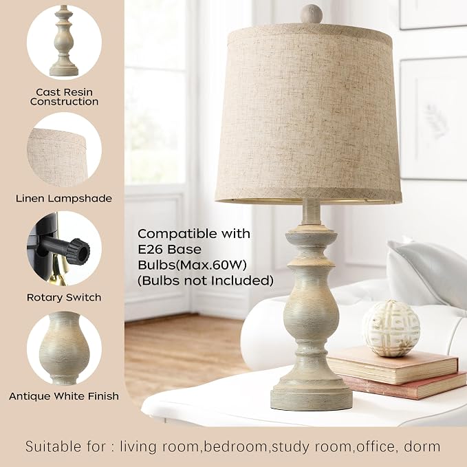 Traditional Table Lamp Set of 2, Rustic Farmhouse Table Lamps for Living Room Bedroom, 22" Bedside Desk Lamps Vintage Nightstand Lamps with Linen Shades, Antique White - Image 3